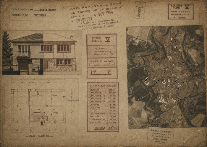 Composition graphique à partir de documents du fonds de l'architecte Pierre Commoy